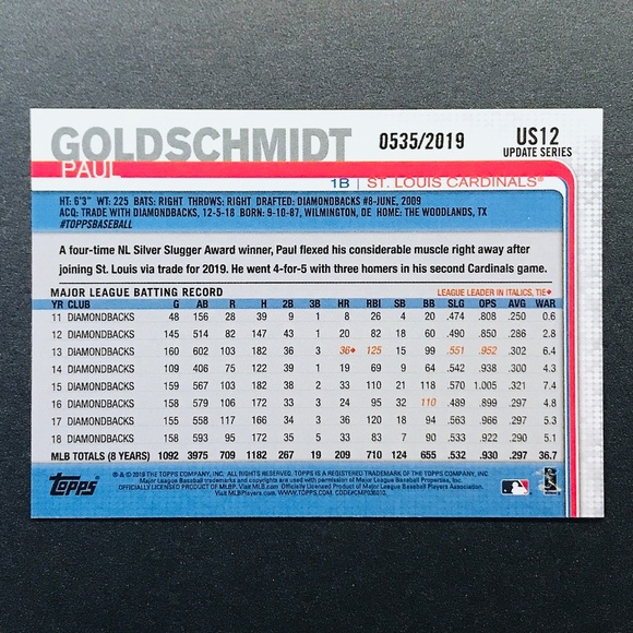 Paul Goldschmidt - 2019 Topps Update Gold #US12 (0535/2019) - Picture 2 of 2